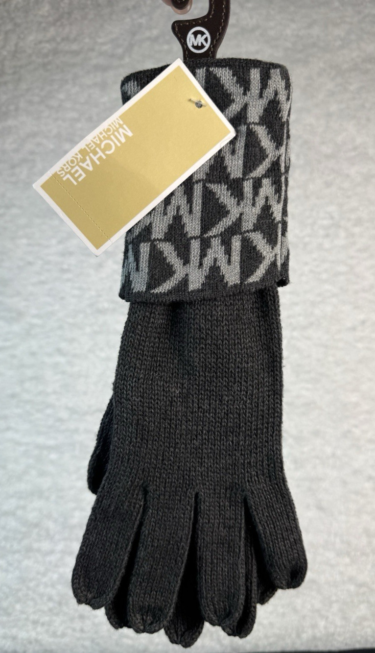 NEW Michael Kors Black Gray Knit Gloves MK Logo Cuffed Winter Women’s Gloves O/S